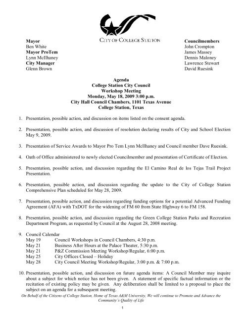 Workshop Agenda - City of College Station Council Agendas