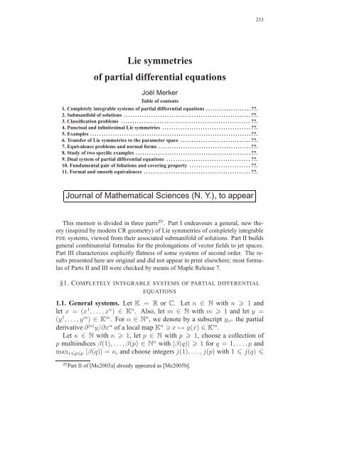 Travaux sur les symÃ©tries de Lie des Ã©quations aux ... - DMA - Ens