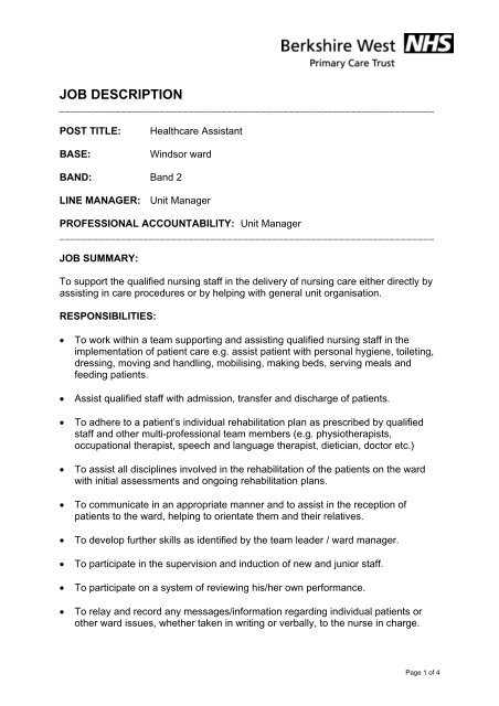 Job Description Care Assistant