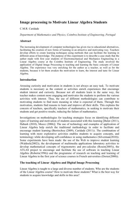Image processing to Motivate Linear Algebra Students - Sefi