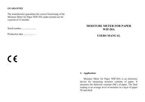 Digital moisture meter for paper WIP-20A - Users manual (4 ... - TANEL