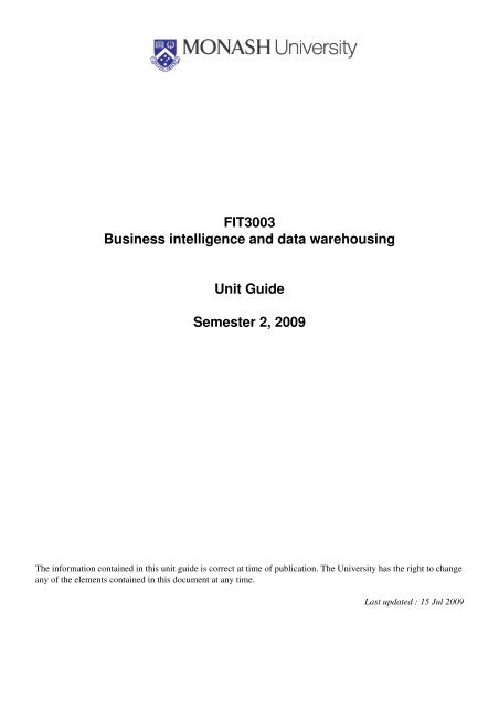 FIT3003 Business intelligence and data warehousing Unit Guide ...