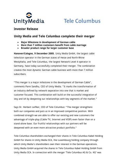 Investor Release Unity Media And Tele Columbus Complete Their