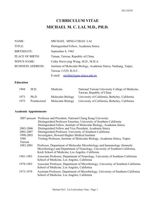 CURRICULUM VITAE MICHAEL M. C. LAI, M.D., PH.D.