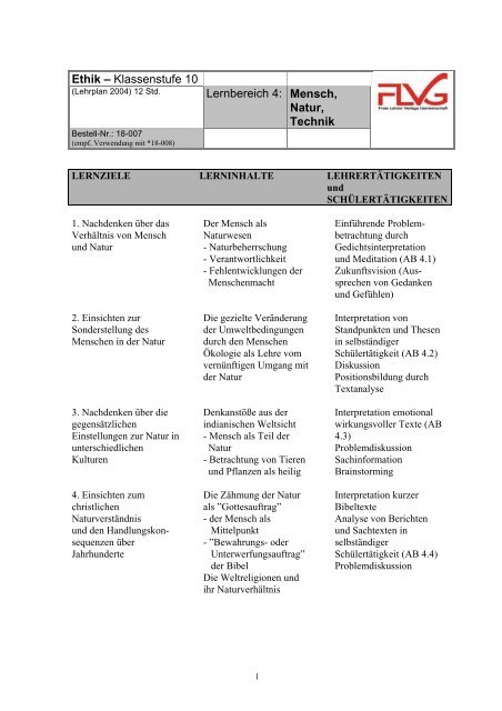 Ethik Klassenstufe 10 Lernbereich 4 Mensch Natur Technik
