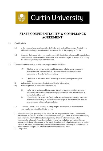 staff confidentiality & compliance agreement - Curtin University