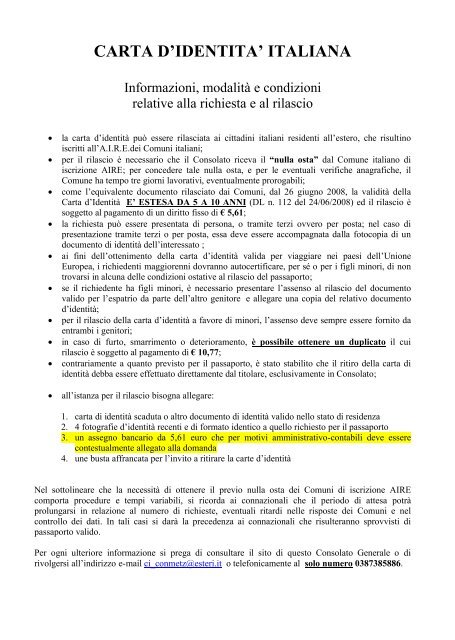 CARTA D'IDENTITA' ITALIANA - Consolato generale d'Italia a Metz