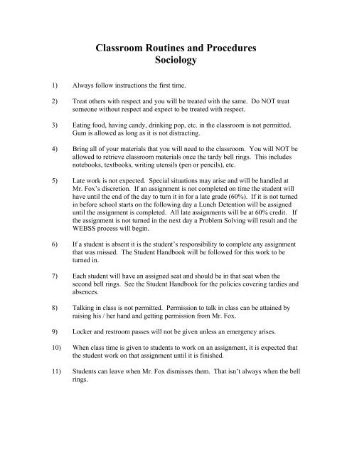 Classroom Routines and Procedures Sociology - Wahoo Public ...