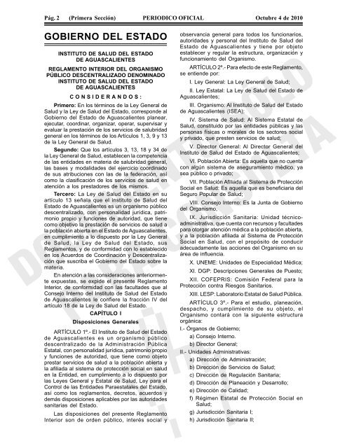 Reglamento Interior ISSEA - Gobierno de Aguascalientes
