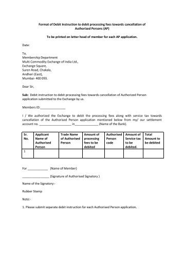 Format of Debit Instruction to debit processing fees towards ... - MCX