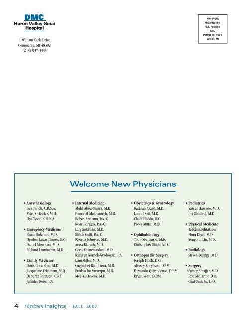 Welcome New Physicians - Huron Valley-Sinai Hospital