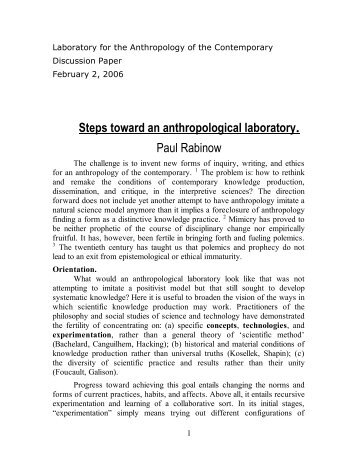 Steps Toward An Anthropological Laboratory Paul Steps Toward An Anthropological Laboratory Paul