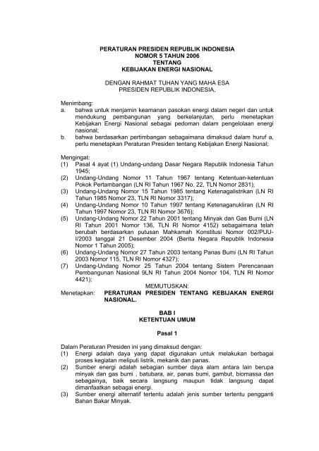 Peraturan Presiden Republik Indonesia Nomor 5 Tahun 2006 Tentang