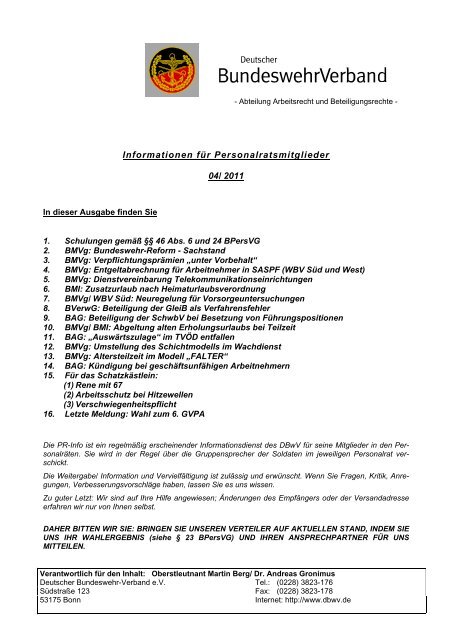 Informationen fÃ¼r Personalratsmitglieder 04/ 2011 - DBwV