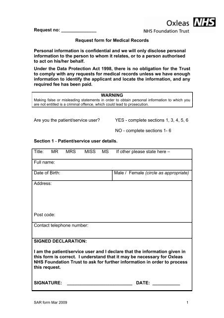 Request Form For Medical Records Personal Oxleas NHS 