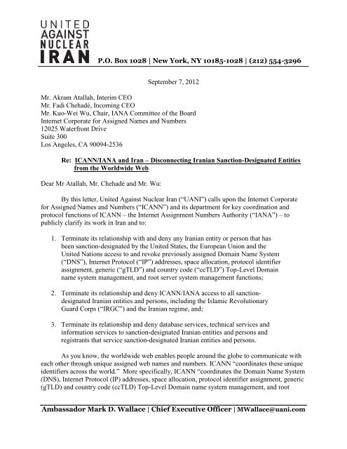 letter - United Against Nuclear Iran