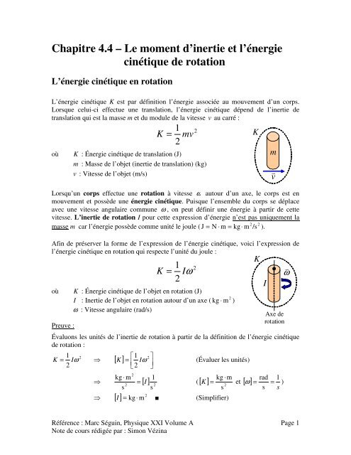 Chapitre 4.4 – Le moment d'inertie et l'énergie cinétique de rotation