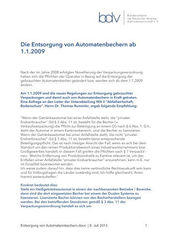 Die Entsorgung von Automatenbechern ab 1.1.2009 - BDV