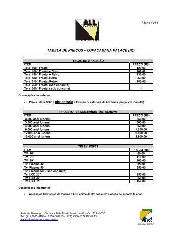 tabela de preÃ§os â copacabana palace (r$) - Orient-Express