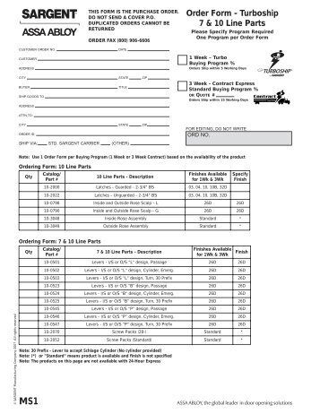 Order Form - Turboship 7 & 10 Line Parts - Sargent Locks