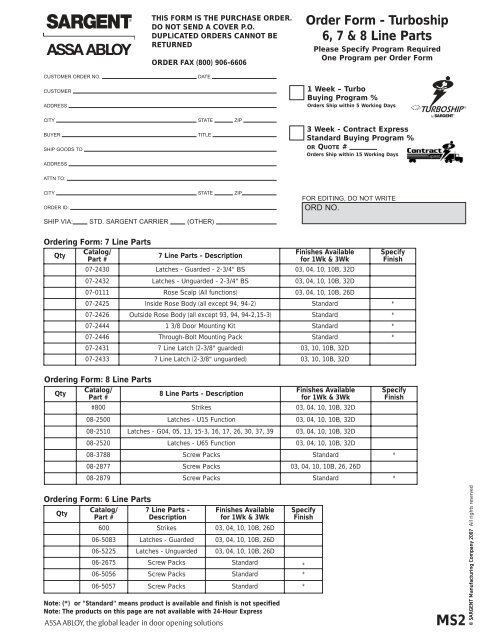 Order Form - Turboship 7 & 10 Line Parts - Sargent Locks