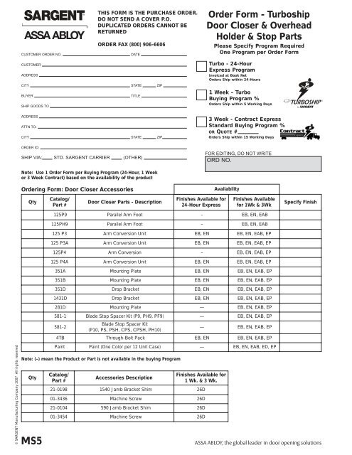 Order Form - Turboship 7 & 10 Line Parts - Sargent Locks