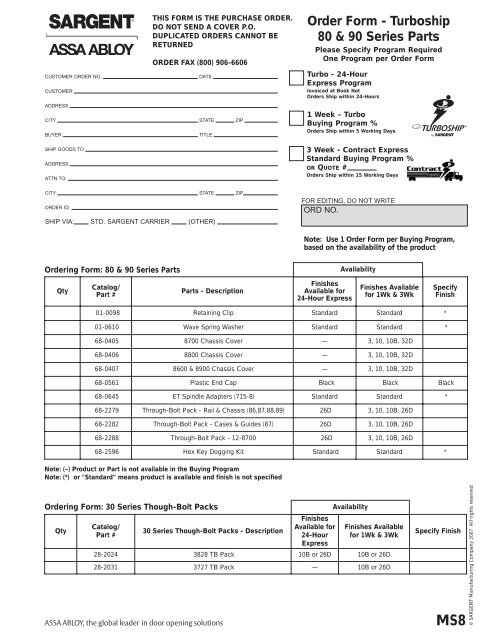 Order Form - Turboship 7 & 10 Line Parts - Sargent Locks