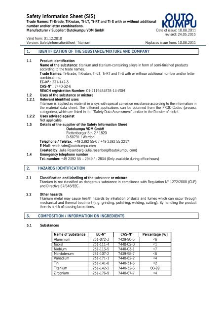 Safety Information Sheet Titanium - ThyssenKrupp VDM