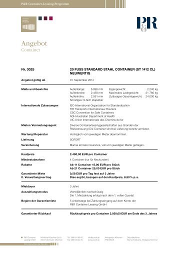 Angebot - P&R Container Investitions Programm