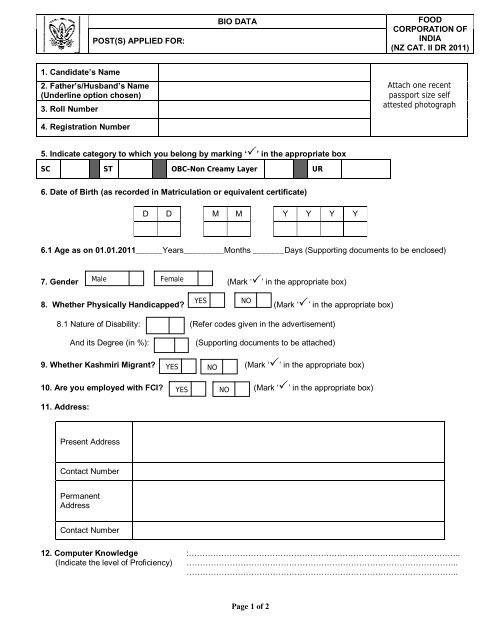 Page 1 of 2 BIO DATA POST(S) APPLIED FOR - Specialtest.in ...