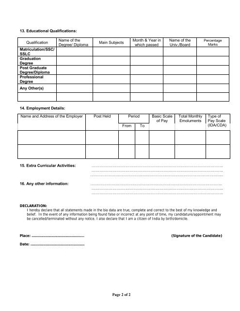 Page 1 of 2 BIO DATA POST(S) APPLIED FOR - Specialtest.in ...