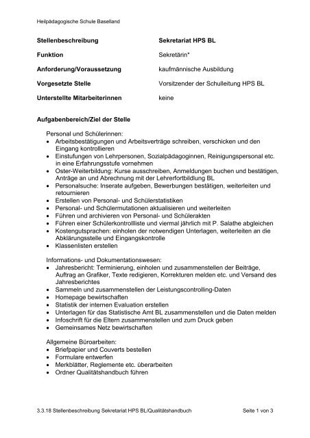 Stellenbeschreibung Sekretariat HPS BL Funktion Hpsbl.ch