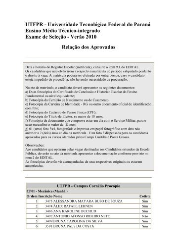 Relação dos Aprovados - UTFPR