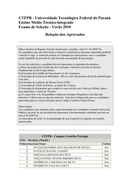 Relação dos Aprovados - UTFPR