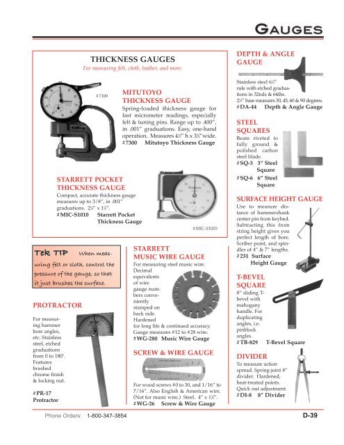 gauges & micrometers view catalog - Pianotek Supply Company