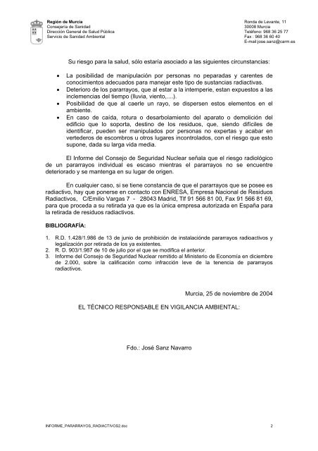 informe emitido por la secciÃ³n de sanidad ambiental relativo