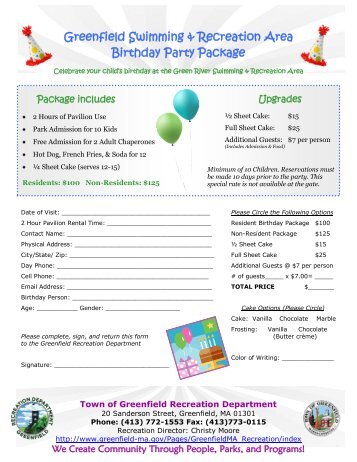 Birthday Party Packages - Town of Greenfield