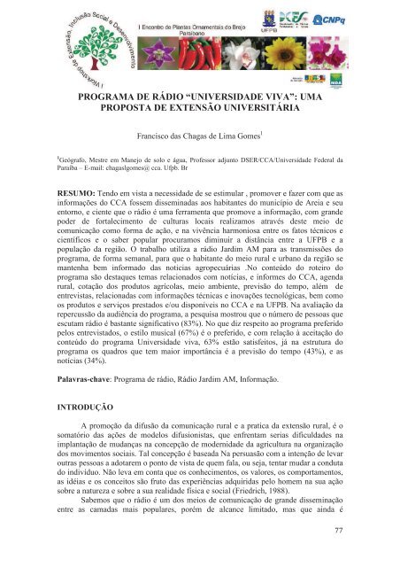 Workshop ExtensÃ£o 2008 Areia - PB - CCA/UFPb - Universidade ...