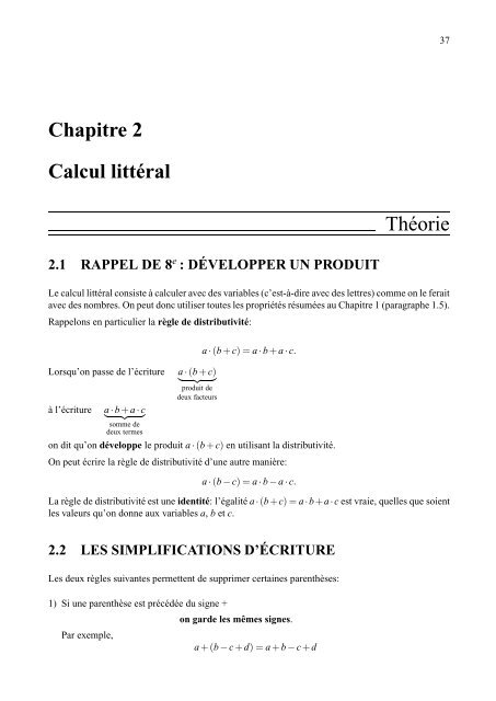 Chapitre 2 Calcul littÃ©ral ThÃ©orie