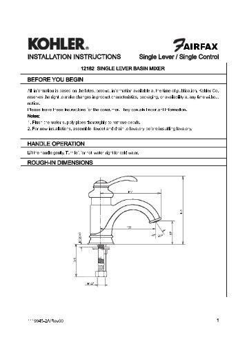 Installation Instructions - FairfaxÂ® Single Lever Basin Mixer - Kohler