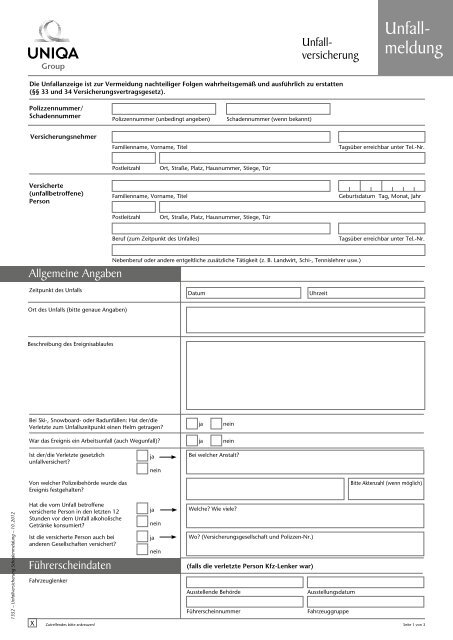 Unfall Schadenmeldung - Uniqa