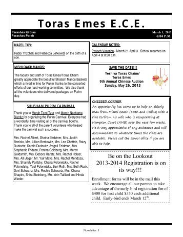 ECE Newsletter March 1, 2013 - Yeshiva Toras Chaim Toras Emes