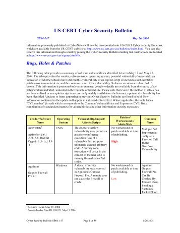Cyber Security Bulletin SB04-147 for Publication - US-Cert