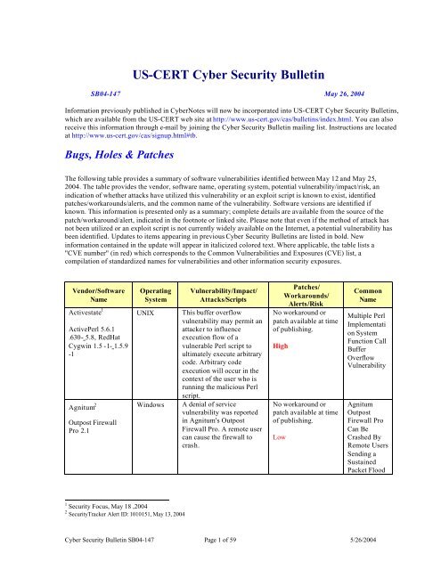 Cyber Security Bulletin SB04-147 for Publication - US-Cert