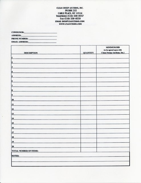 Consignment Form - Clean Sweep Auctions