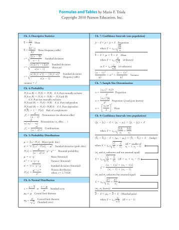 Triola's The Basic Practice of Statistics Formulas & Tables