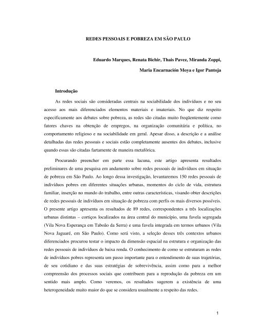 REDES PESSOAIS E POBREZA EM SÃO PAULO Eduardo ... - Cebrap