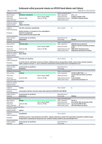 Evidované vo né pracovné miesta na UPSVR Nové Mesto nad Váhom