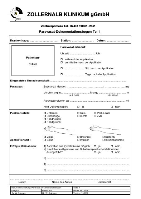 Paravasat Dokumentation - Zytostatika - Zollernalb Klinikum gGmbH