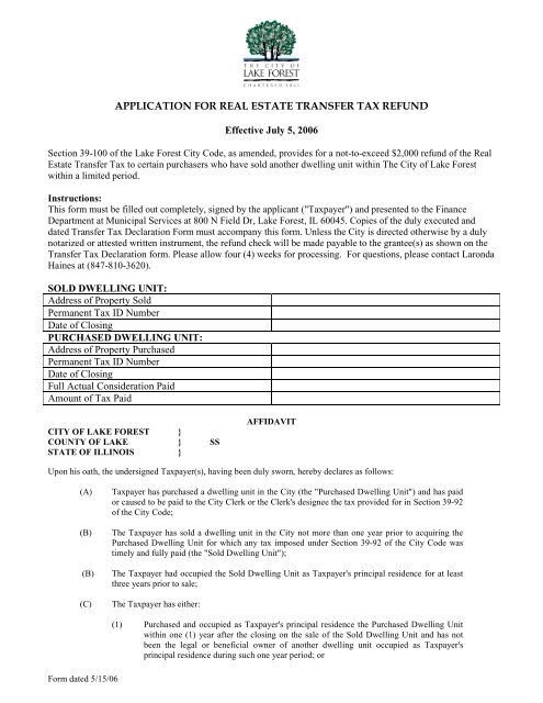 Real Estate Transfer Tax Rebate Form City Of Lake Forest